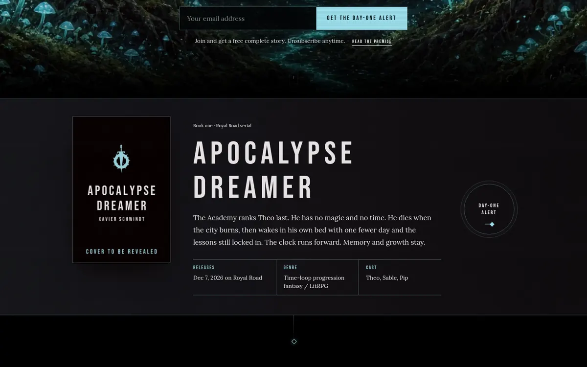 Book facts block and premise on apocalypsedreamer.com
