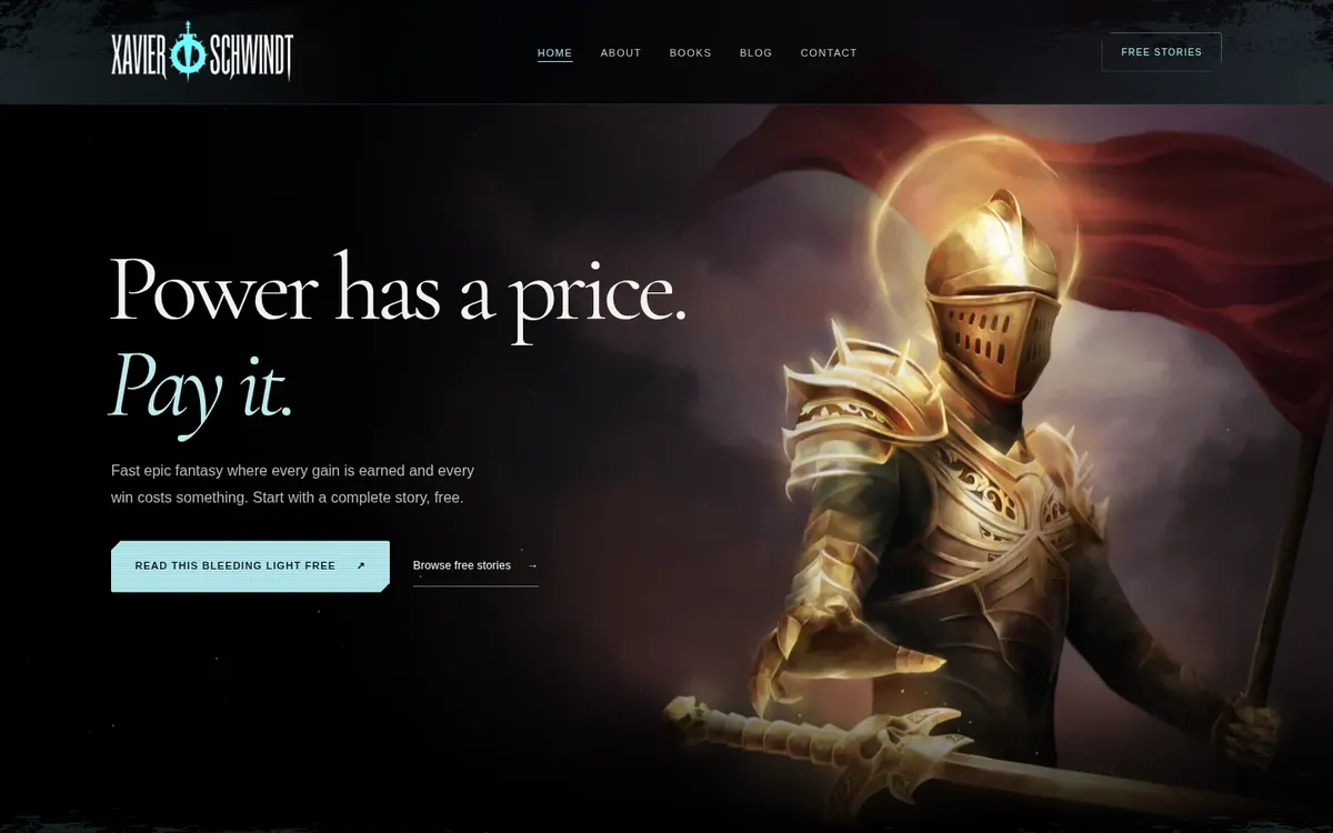 Homepage of xavierschwindt.com, an epic fantasy author site with a cinematic knight hero